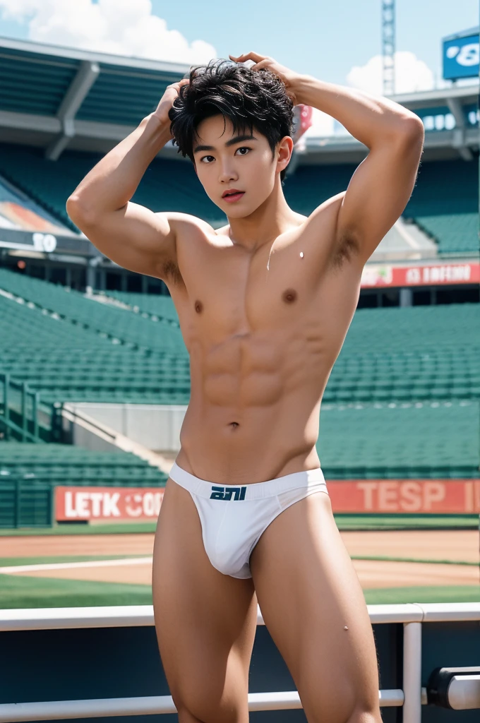 shaved armpits, Crowded baseball stadium, Teenager, Slim fit body, teen body, hota, very cute boy face,  boy, cute face, young kids, Very young teenager boy, baseball stadium, baseball field scenery, Outdoors, he wore a small Tiny white thong covering half of his big dick, Sweat dripping all over the body, sweat covering all over the body, Full body photo, wearing Very tiny white thong, Proudly showing off his sweaty shaved armpits to audience in baseball stadium, completely naked just wearing thin Tiny thong, wearing baseball cap on his head,  boy, very young boy, Cinematic soft lighting illuminates a stunningly detailed and ultra-realistic handsome korean male supermodel, ultra messy curly hair, clear honey eyes, captivating perfect smile, sensual, hot man, insanely handsome, showing off his sweaty body, very sixpack muscular body build, slender, toned, full body, 8k, photography, masterpiece, detailed face, detailed eyes, sexy, beautiful abdomen and beautiful legs and a detailed big hard bulge, expression of ecstasy, excited, slim, detailed eyes and lips, sixpack and fit body. Image quality is of the highest standard, with ultra-detailed features and a realistic appearance. The colors are bright and vibrant, enhancing the overall aesthetic. The lighting is soft and natural, casting a soft glow on the boy, don't merge body's