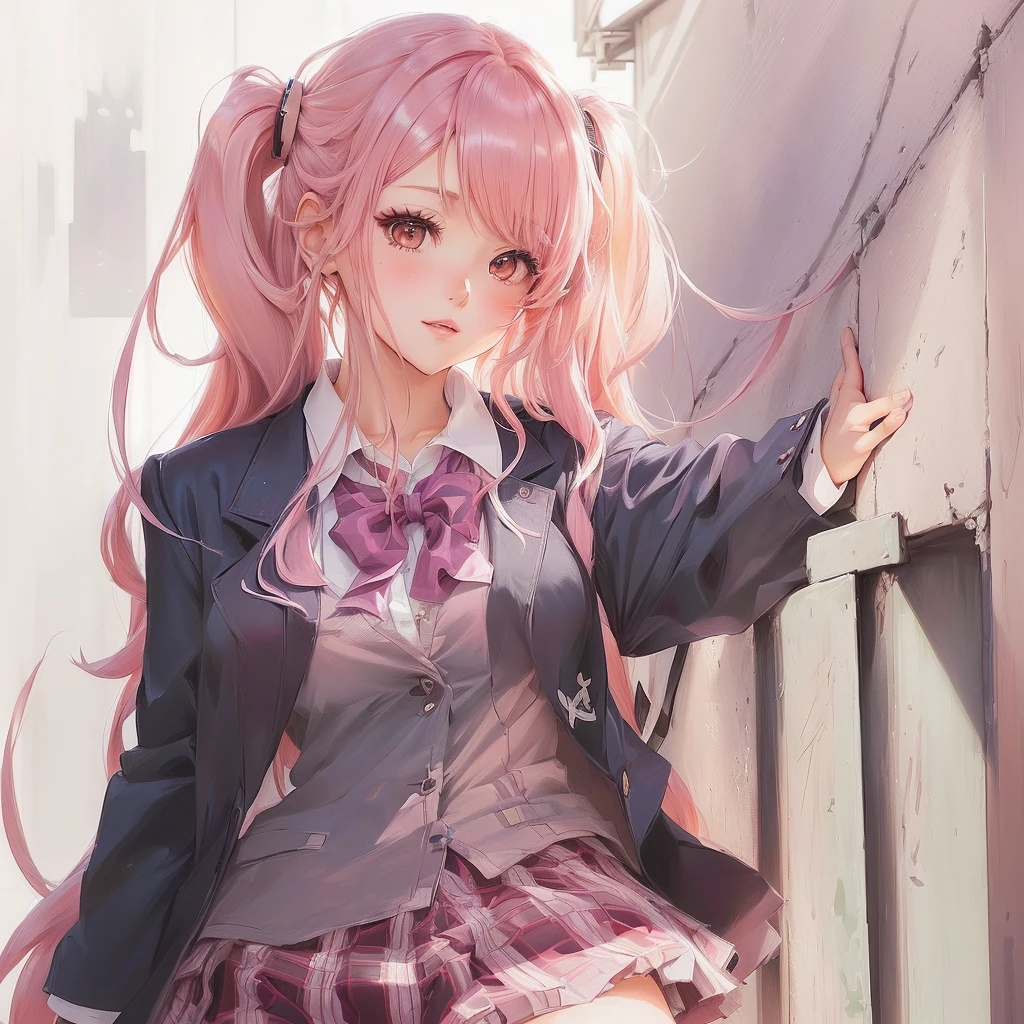 Anime Girls with pink hair and a school uniform leaning against a wall, Beautiful anime school girl, (Anime Girls), cute Anime Girls, Anime Girls, an Anime Girls, pretty Anime Girls, beautiful Anime Girls, young Anime Girls, portrait Anime Girls, Beautiful anime portraits, Soft anime illustration, Anime Girls with long hair, portrait of an Anime Girls, cute anime portraits