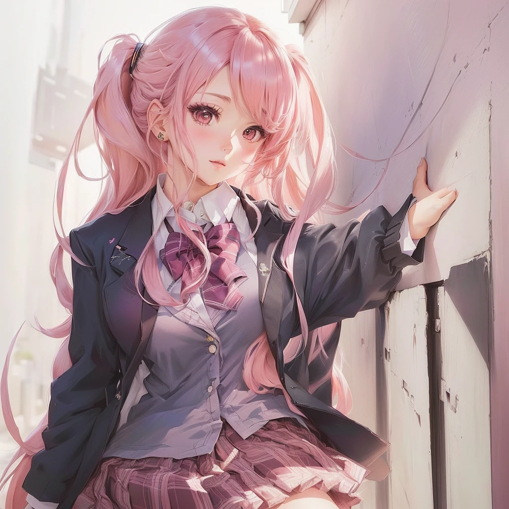 Anime Girls with pink hair and a school uniform leaning against a wall, Beautiful anime school girl, (Anime Girls), cute Anime Girls, Anime Girls, an Anime Girls, pretty Anime Girls, beautiful Anime Girls, young Anime Girls, portrait Anime Girls, Beautiful anime portraits, Soft anime illustration, Anime Girls with long hair, portrait of an Anime Girls, cute anime portraits