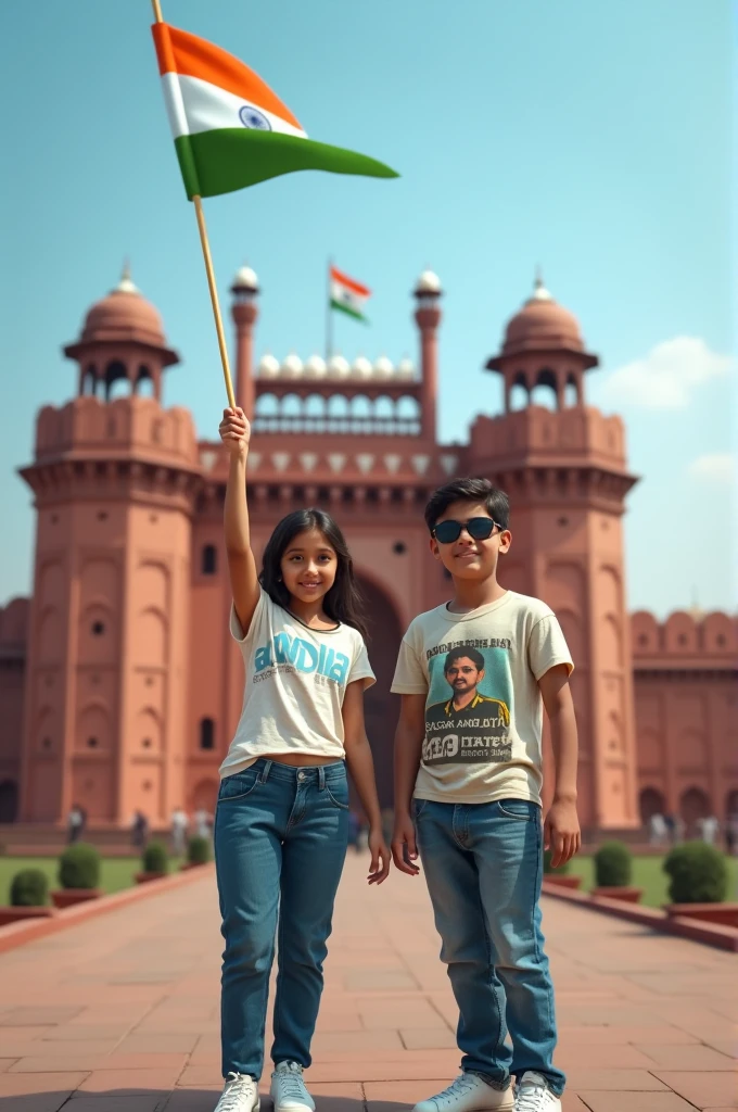 Create a realistic 4K image of an 18-year-old boy and girl standing together on the road near the Red Fort in Delhi, celebrating Independence Day. The boy, wearing sunglasses, an Army t-shirt with “Sagar And Jyoti” on it, blue jeans, and white sneakers, holds the Indian national flag. The girl stands beside him, and behind them, the Red Fort is prominently visible. In the sky above, the words “Happy Independence Day 2024” are written