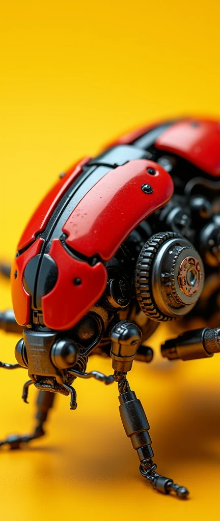 An ultra-realistic close-up of a red robotic ladybug, meticulously crafted from mechanical and robotic parts. The image is taken with a high-quality DSLR camera equipped with a premium macro lens, capturing every tiny detail of the intricate machinery. The background is a solid, vibrant yellow, providing strong contrast. The lighting is soft yet directional, highlighting the textures and metallic sheen of the robotic components 