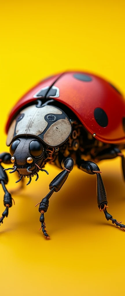 An ultra-realistic close-up of a red robotic ladybug, meticulously crafted from mechanical and robotic parts. The image is taken with a high-quality DSLR camera equipped with a premium macro lens, capturing every tiny detail of the intricate machinery. The background is a solid, vibrant yellow, providing strong contrast. The lighting is soft yet directional, highlighting the textures and metallic sheen of the robotic components