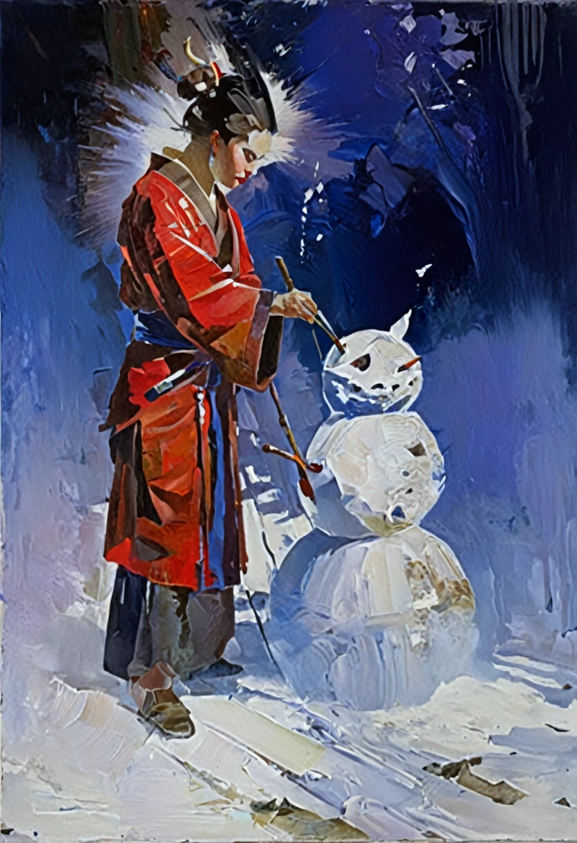 snow山で遭難した若者は猛吹snowの中で白い着物を着た非常に美しく青白い顔をした女性の魔物と遭遇した場面の絵画、A painting of a female demon instructing a young man on the right path、darkness、猛吹snowの夜の空の色、Low light、snow、吹snowの中に現れた美しい女性の魔物は道に迷った人間を殺す、intricate and intense Oil paints, Abstract Painting, intricate Oil paintsing artwork, Vadim Kashin、Realistic, gives the viewer a detailed impact, a portrait painted with oil paint, , intricate and wet Oil paints, Oil paints, New art beyond dimensions, Ryan Hewett、bichu、oil paintin、A three-dimensional painting、super masterpiece、Ultra high definition、vivid colors、