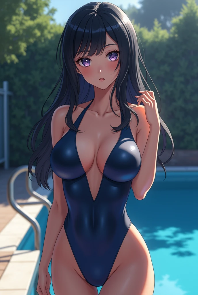 Waifus, Perfect breasts, darkblue bodysuit, black hair with bangs, natural make-up, shiny breasts fully exposed aroused,ultra high res, (photorealistic:1.4), raw photo,16K,dramatic lighting,at highschool poolside