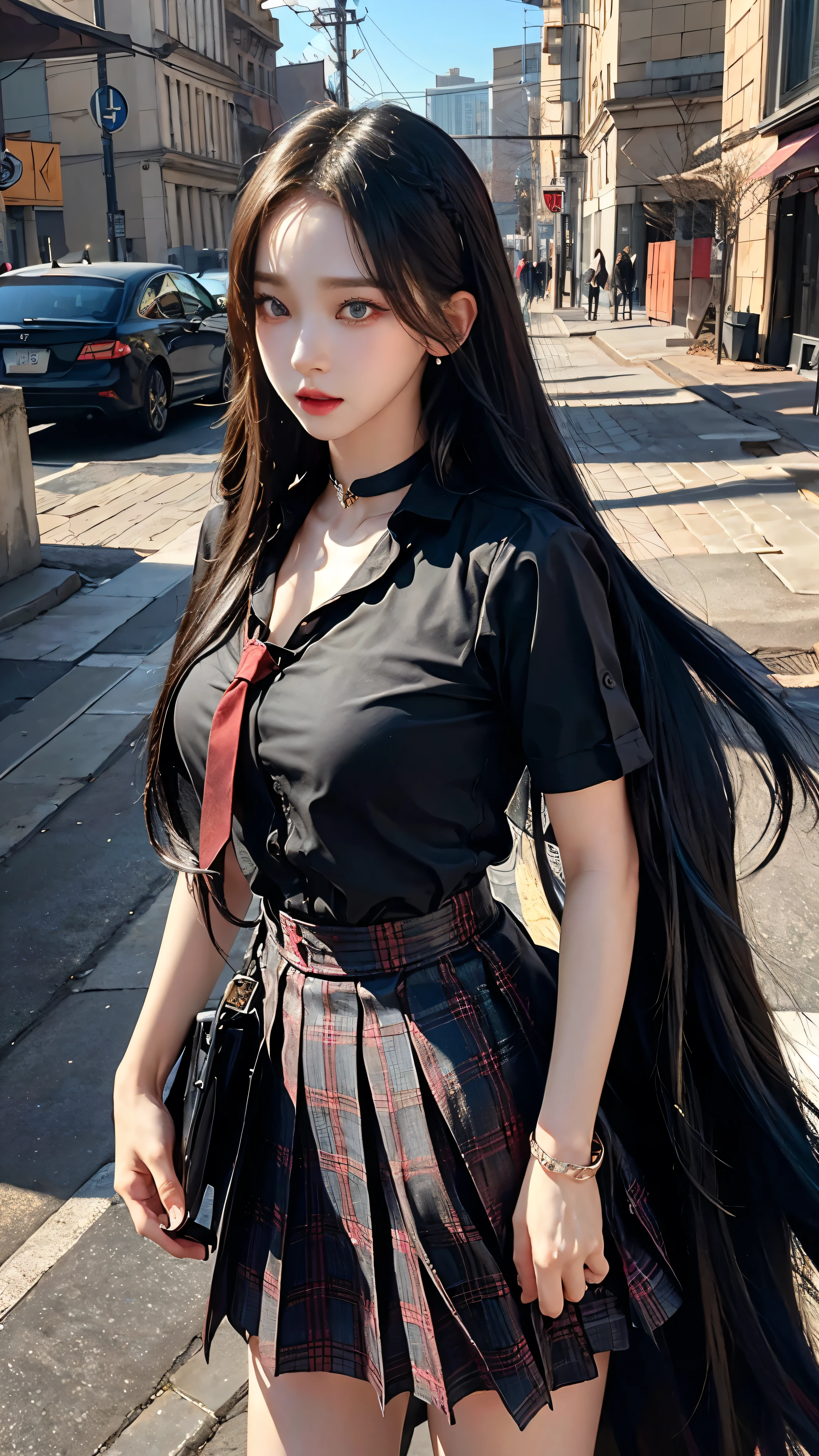 큰 chest, 젖어서 chest이 보이는 흰색 shirt, masterpiece, best quality, whole body, 1 woman, forehead, black choker, black necktie, blond hair, blue skirt, blush, bracelet, chest, choker, clothes approximately waist, clavicle, collared shirt, dress shirt, ear piercing, eyebrows visible through hair, gradient hair, 이를 드러내고 laugh, fix, bijouterie, Kogal, long hair, looking at viewer, loose necktie, necktie, piercing, plaid, plaid skirt, pleated skirt, red eyes, ring, , shirt, skirt, laugh, alone, Distance between high-rise buildings, sky, new york city downtown,illustration, (Magazines:1.3), (sheathe-style:1.3), fashionable, female, vibrant, outfit, posing, front, fancy, dynamic, background, coercion, confidence, expression, possession, name, accessories, majestic, coil, approximately, touch, scene, texts, sheathe, brave, attracting attention, title, Refined, font, catchy, headline, bigger, striking, modern, Trend, Concentrate upon, fashion,