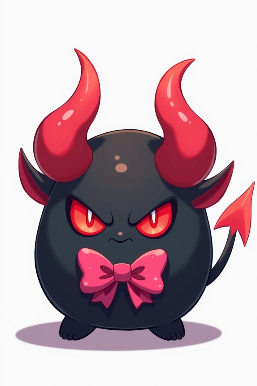 create a mascot that resembles a little devil, ball with verys red horns and red eyes, black in color and wearing a pink bow, the expression is one of anger. Like a pokemon