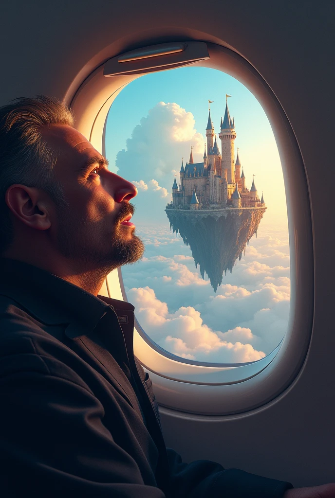 a man in an airplane, shocked to see a castle floating on a cloud, ultra detailed digital painting, cinematic lighting, dramatic clouds, highly detailed, intricate architecture, volumetric lighting, vibrant colors, photorealistic, epic fantasy scene, dramatic atmosphere, cinematic composition