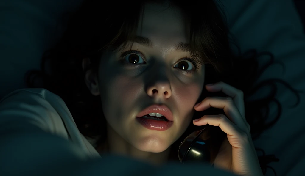 The scene captures a close-up of Samantha as she answers the call. Her face is partially illuminated by the soft, eerie glow of her phone screen in the dark room. Her eyes are heavy with sleep, yet wide with a growing sense of fear. Her lips part slightly as she whispers, “Mom?” into the phone, her voice thick and shaky. The darkness around her seems to close in, amplifying the tension. Her expression is a mix of confusion, concern, and dread, as if she's bracing herself for the worst. The atmosphere is charged with unease, making the moment feel both intimate and unsettling.