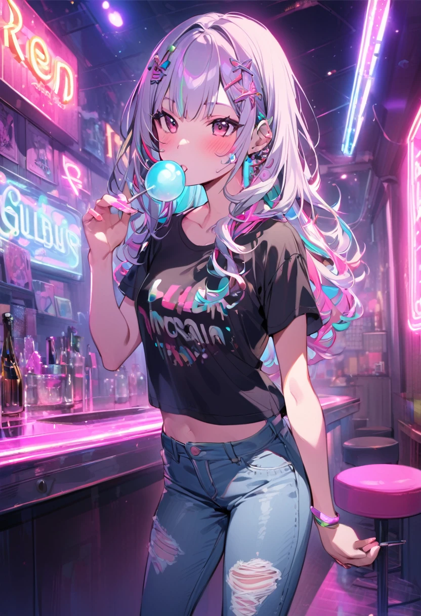 young girl(multicolor hair, t-shirt, seductive look, jeans), standing, indoors, decora, pastel color, night club, neon lights, she chews gum, blows a bubble