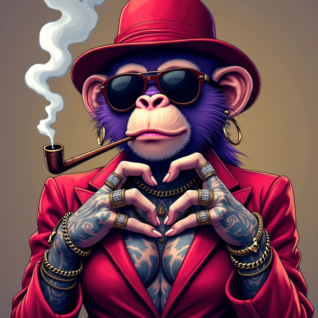 1 purple female monkey, with a red gangster suit with chains, hat and glasses, tattooed, with huge diamond and gold rings, smoking with a pipe, making a heart with both hands