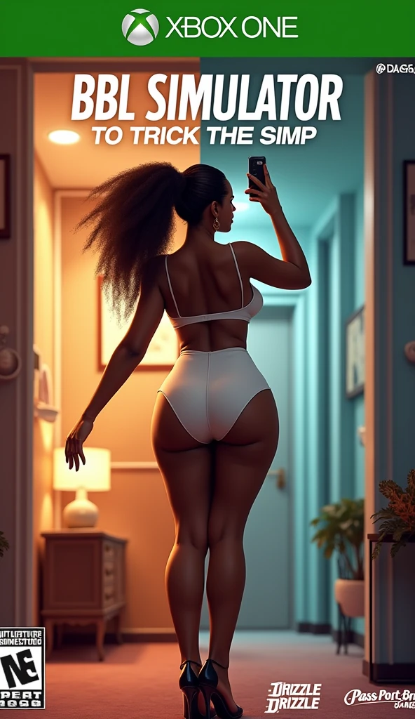A XBOX video game disc cover, in the style of Flight Simulator, the front depicts an urban African American woman in a skin tight short white dress, average body, with over the top extra-large big wide hips and extreme over exaggerated humongous backside, posing taking a selfie, back view pose, ((The heading main is, "BBL Simulator":1.5 at the top, subtitle says, "To Trick the Simp":1.5), masterpiece, 4k, photorealistic, flight simulator font, half and half background, the first half is a Las Vegas Hotel room, and the second half ugly outdated unlicensed cheap rundown style doctor's office in the background., Drizzle-Drizzle Game Studio logo on the bottom of cover, Pass-Port-Bros Game logo on cover