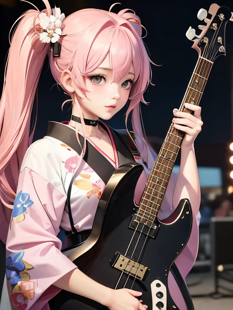 masterpiece, best quality, very detailed, high resolution, expensive resolution, high resolution, 4K, 8k, Unity 8k wallpaper, highly detailed CG, masterpiece, 2D, 3D, beautiful details, depth, fine texture, best quality: 1.3, perfect focus, crispy skin, he,
Very cute anime girl, girl playing baseguitar vocals in a band wearing a Japanese fancy floral haori hakama, on outdoor stage, full body, expensive pink twin tail hair, mole under eye, looking at the viewer, expensive, blush, mole, lips open, , heart choker, pink eyes, guitar vocals, stage,Full body of an anime girl with pink twin-tailed hair wearing a Japanese kimono and playing a bass guitar on stage at a cyberpunk festival