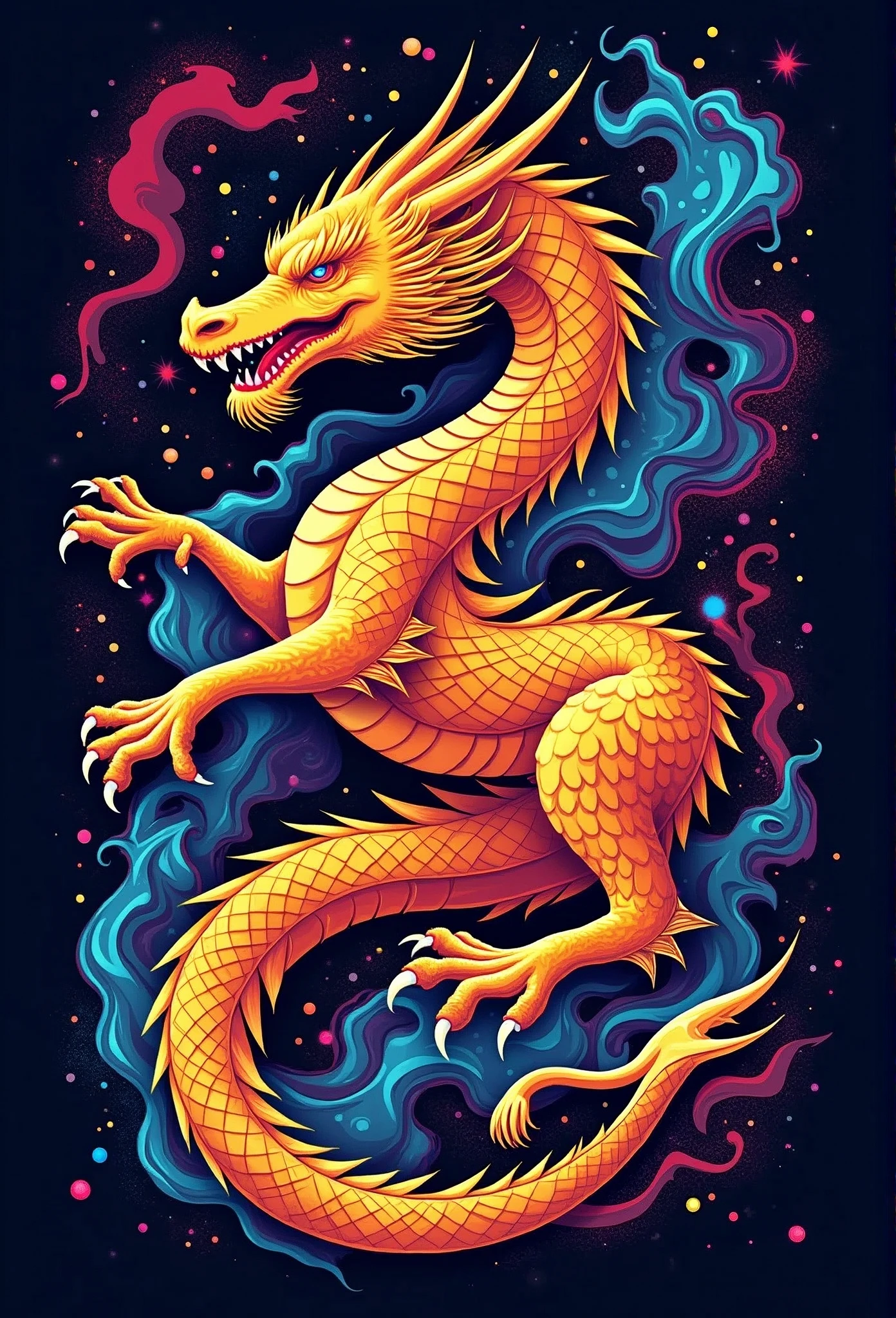 /Imagine a prompt: Golden Dragon, fauvism, number, Gorgeous, Transcendentalism, Synthwave:: T-Shirt Vector Illustration, Centered Graphic Design, Solid color background::2 Models::-2 --upbeta --with 1:1