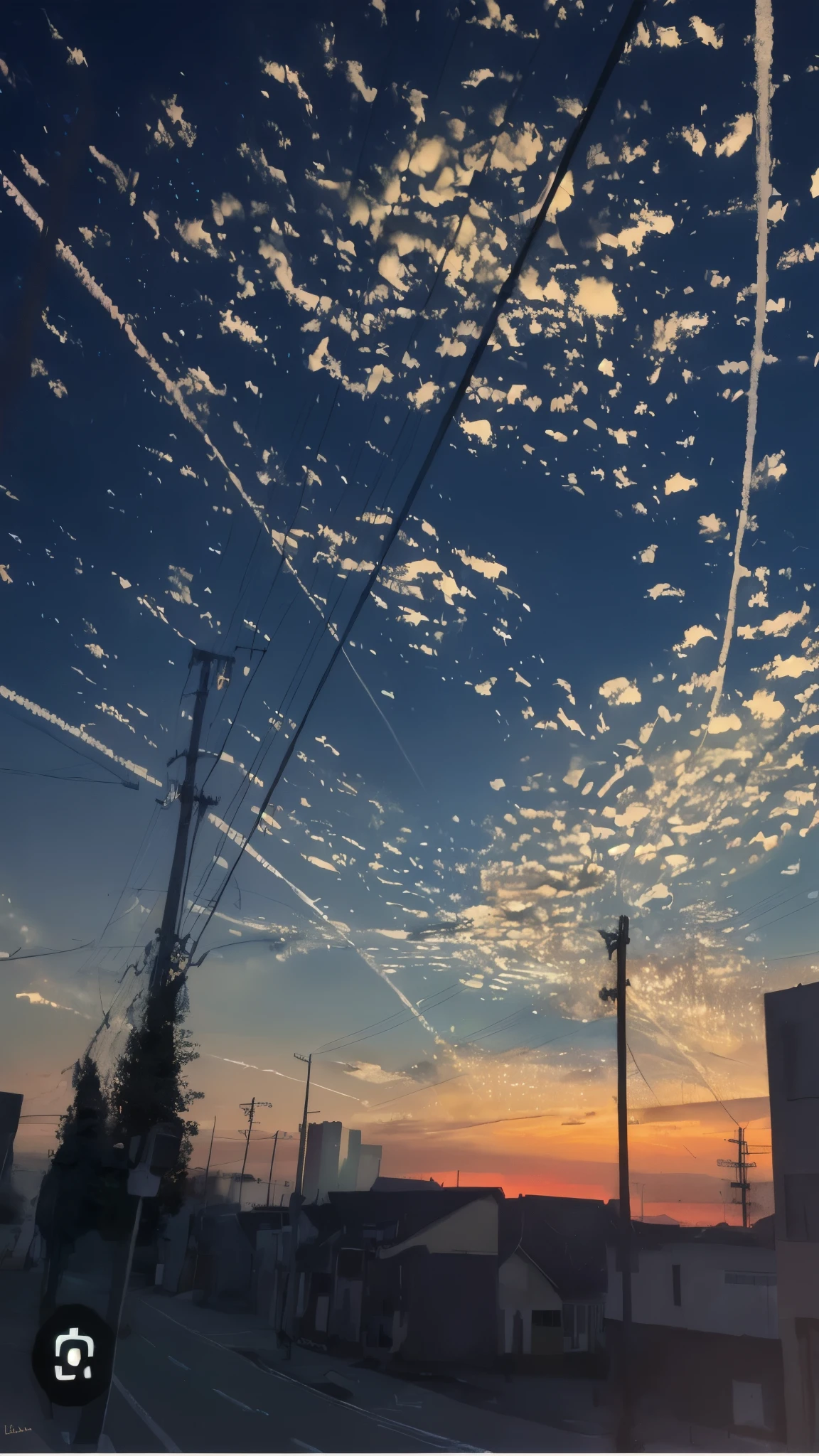 serene urban street scene at sunset, featuring a predominantly blue sky with scattered clouds and multiple contrails. The sky transitions into a warm, orange hue near the horizon as the sun sets. The street below is empty, flanked by buildings and utility poles with numerous power lines stretching across the scene. A few trees are visible on the left side of the image, adding a natural element to the urban setting. The overall mood is calm and peaceful, with a strong emphasis on the contrast between the warm colors of the sunset and the cool tones of the evening sky. The perspective is from ground level, looking up slightly towards the sky, capturing the expansive view of the clouds and contrails. The lighting is natural, with the fading sunlight casting long shadows and adding depth to the scene.