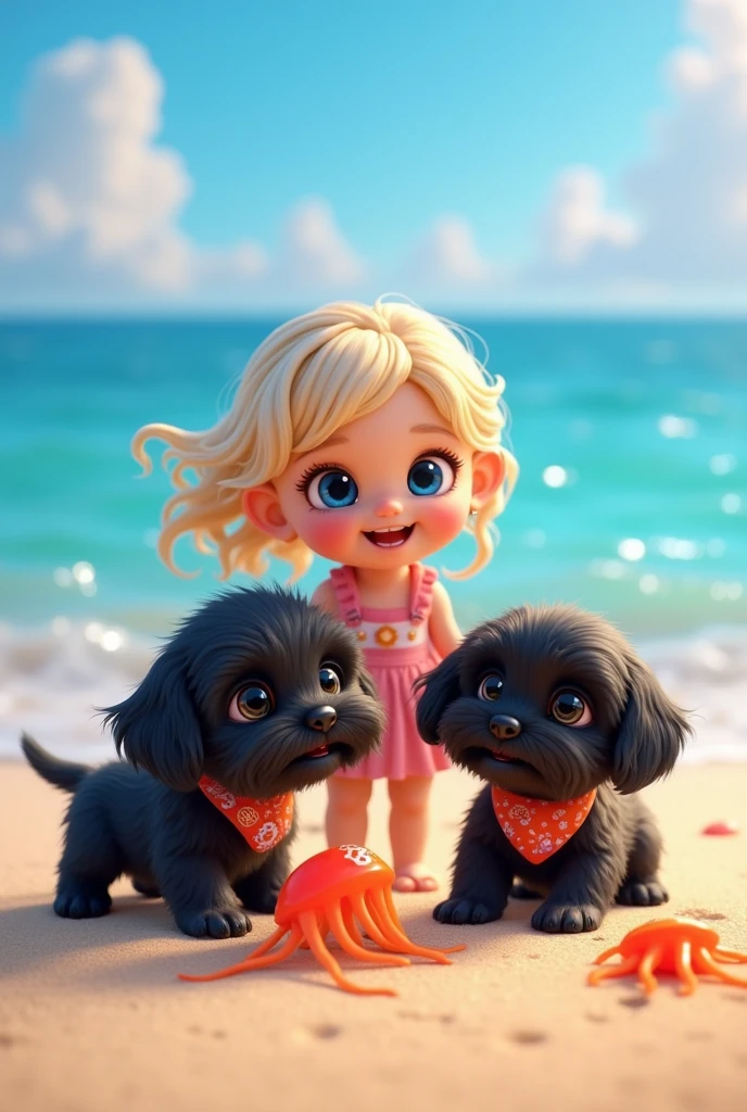 cute adorable 2 black shih tzu puppies, cute blonde girl, extremely detailed, big blue eyes, wearing colorful collar and bandana, playing with jelly fish,, 3D Pixar style, at beach, photorealistic, (best quality,8k,highres,masterpiece:1.2),ultra-detailed,(realistic:1.37),HDR,vivid colors,studio lighting