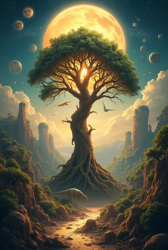 Make a cover Page for a book with heading "Book of Genesis" and subheading "A Story of Life on Earth,"
**Concept**: A vibrant scene showing the progression of life on Earth, starting from the primordial ocean with simple, single-celled organisms and moving forward to more complex life forms like plants, dinosaurs, mammals, and humans. The image could be divided into layers or phases, with each one representing a different era of Earth's biological history.
**Details**:
- **Background**: A gradient sky that transitions from the darkness of space with stars to a bright, life-giving sun, symbolizing the dawn of life.
- **Foreground**: A tree of life in the center, with its roots in the water (symbolizing the origin) and branches reaching out, representing the diversity of life.
- **Elements**: Fossils embedded in the ground, an ancient ocean teeming with early life, lush forests, and iconic creatures from different eras (e.g., trilobites, dinosaurs, early mammals).
- **Artistic Style**: A blend of realism and a slightly ethereal, glowing effect to emphasize the idea of genesis and the wonder of life's beginnings.
This image would visually narrate the story of life's evolution on Earth, making it both informative and visually captivating.