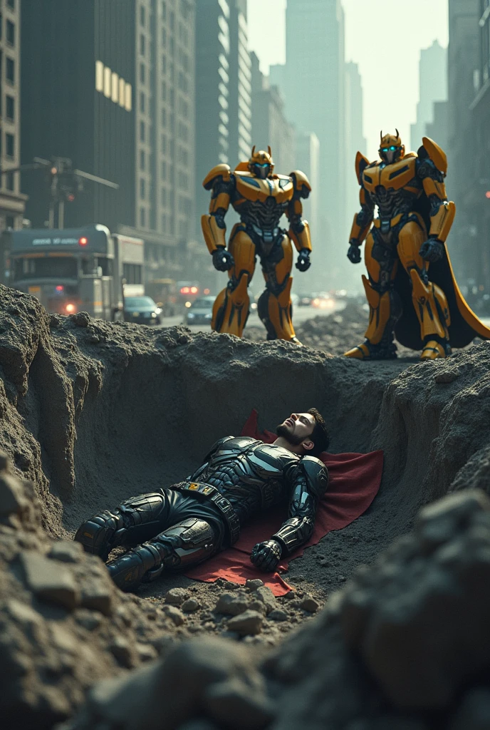 Kirito Unconscious in a Crater: After the explosion, Kirito lies unconscious in a large smoking crater, his suit damaged and cape torn. Optimus Prime and Bumblebee stand nearby, exhausted but victorious, with the ruins of Gotham City surrounding them and emergency sirens in the distance. A hyper realistic, cinematic, full body display of persons, head to foot show, Cinematic pose, side pose, Photographic pose, different angle, Ultra hd, photorealistic.