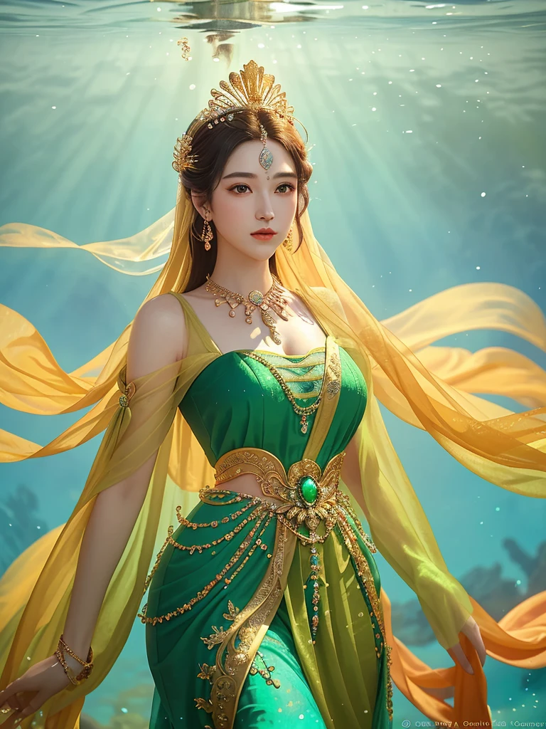 Live Action Queen's Masterpiece: Exquisite and Vibrant Charm
Amidst a backdrop of ethereal underwater palace splendor, a Queen exudes an enchanting presence, her figure posed majestically in an upper body-length shot. Its beautiful, vibrant appearance captivates the senses, shimmering above the clouds in a dazzling display of color and light. With a realism rating of 1.3, this masterpiece depicts the goddess' flawless and flawless female form in the highest possible quality image.
Her stunning green dress, decorated with intricate details and rich textures, complemented her divinity