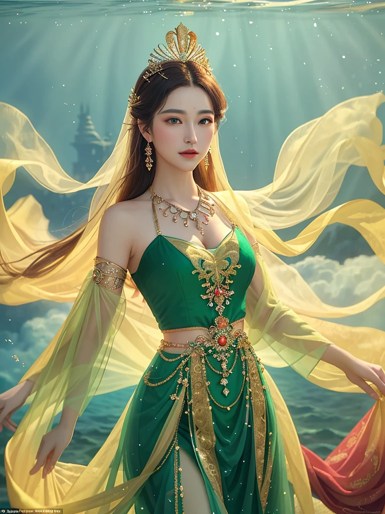 Live Action Queen's Masterpiece: Exquisite and Vibrant Charm
Amidst a backdrop of ethereal underwater palace splendor, a Queen exudes an enchanting presence, her figure posed majestically in an upper body-length shot. Its beautiful, vibrant appearance captivates the senses, shimmering above the clouds in a dazzling display of color and light. With a realism rating of 1.3, this masterpiece depicts the goddess' flawless and flawless female form in the highest possible quality image.
Her stunning green dress, decorated with intricate details and rich textures, complemented her divinity