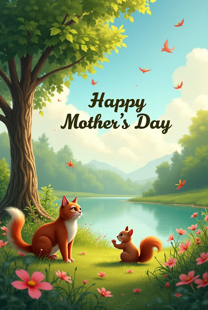 Une image de campagne verdoyante avec un lac en arriere plan, un gros arbre verdoyant en second plan et en premier plan un beau chat roux et un eccureil, il y a des oiseaux dans le ciel et des papillons. Il est ecrit en gros  Bonne fête Maman