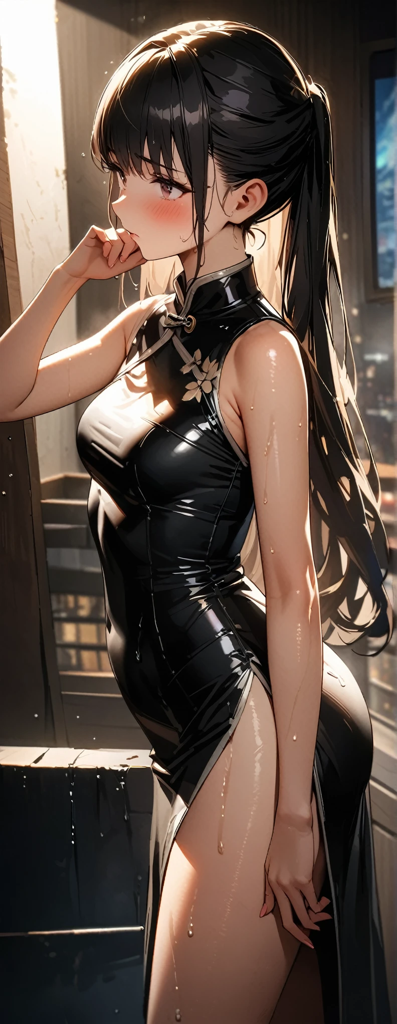Double tail、Exquisite black cheongsam, Looks about , (beautiful girl: 1.3),best quality,8K,Highly detailed CG unit wallpaper,masterpiece:1.2,Top quality,Ultra-high resolution,RAW photos,Real texture skin,Cinema Lighting,Awkward,blush, steam,wet,Sweat,Wet eyes,Weak,megabuildings,City,This girl is a delivery girl delivering Chinese food to customers.,,烹饪产生的蒸steam,,,Large target, round, Beautifully shaped buttocks,,((Buttock posture)),(from the side:1.5),