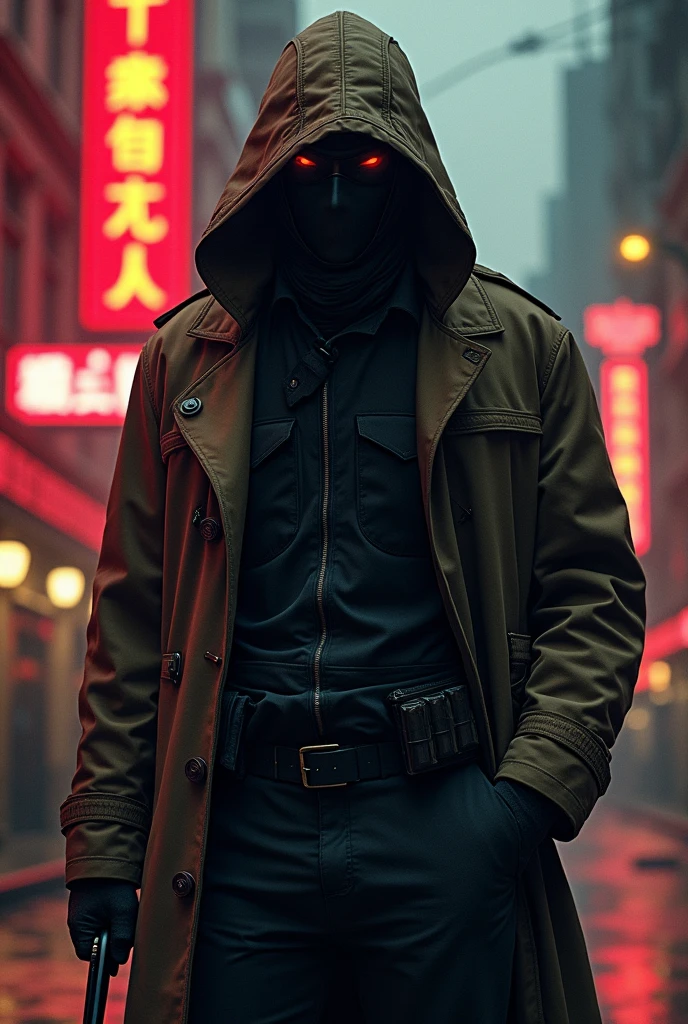 A cyberpunk Rorschach (vigilante detective). With cyber ehancements similar to a kamen rixer. He has the ability to hack and gather information from any device he can see. His outfit includes a brown trench coat. He weapons of choice so be razor wires, a gra grappling gun, small steel balls, and other steel projectiles. He works in the shadows using his ability to hack and control devices around him he can create darknes, project messages and images, working as ghost in the cyberpunk super hero city Neon City
