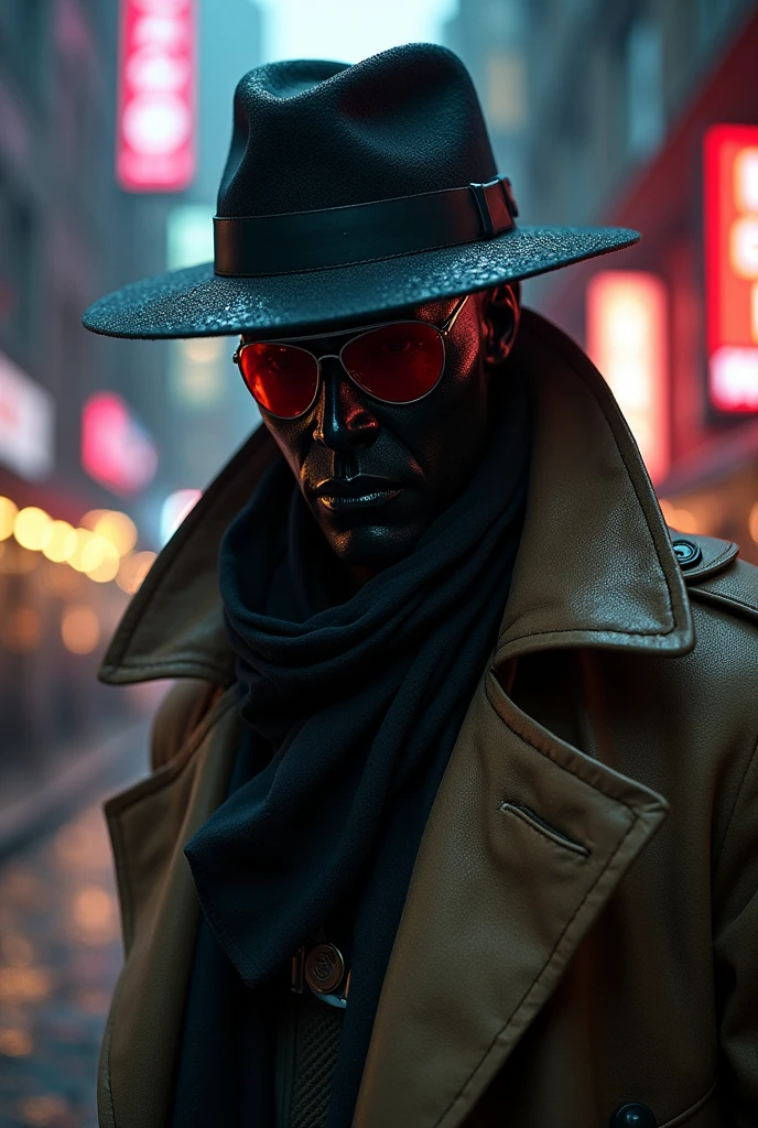 A cyberpunk Rorschach (vigilante detective). With cyber ehancements similar to a kamen rixer. He has the ability to hack and gather information from any device he can see. His outfit includes a brown trench coat. He weapons of choice so be razor wires, a gra grappling gun, small steel balls, and other steel projectiles. He works in the shadows using his ability to hack and control devices around him he can create darknes, project messages and images, working as ghost in the cyberpunk super hero city Neon City