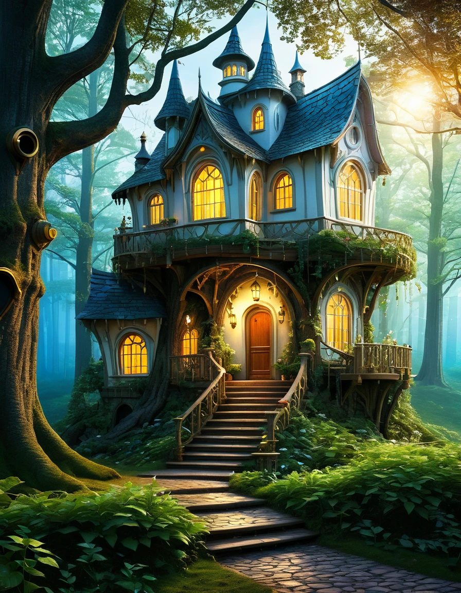 masterpiece,best composition,tree house in the woods,white wall house,fantasy house,well lit,beautiful house on a forest path,beautiful details and colors,fairy tale place,mysterious atmosphere.
