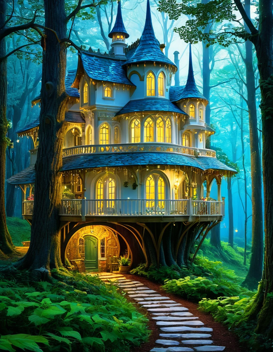 masterpiece,best composition,tree house in the woods,white wall house,fantasy house,well lit,beautiful house on a forest path,beautiful details and colors,fairy tale place,mysterious atmosphere.