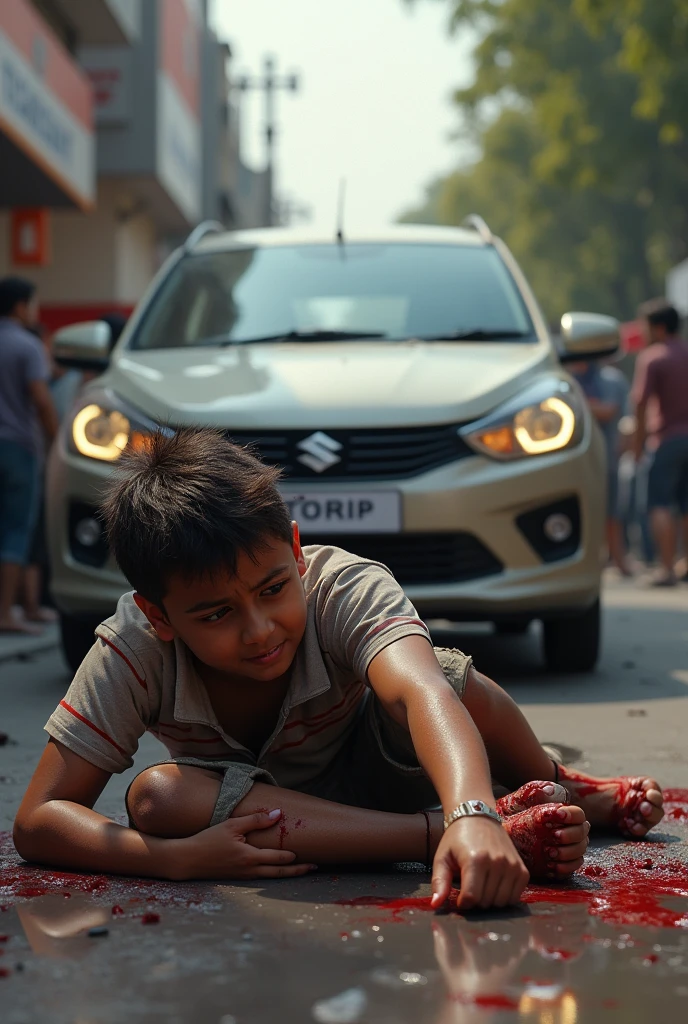 A man getting hit by a maruti ertiga car in his leg and his age 13 and gets very hurt and bleeds