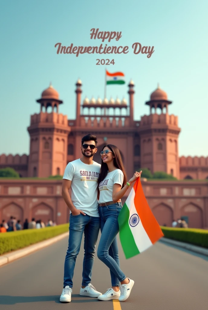 Create a realistic 4K image of an 27-year-old boy and girl standing together on the road near the Red Fort in Delhi, celebrating Independence Day. The boy, wearing sunglasses, an Army t-shirt with “Sagar And Jyoti” on it, blue jeans, and white sneakers, holds the Indian national flag. The girl stands beside him, and behind them, the Red Fort is prominently visible. In the sky above, the words “Happy Independence Day 2024” are written
