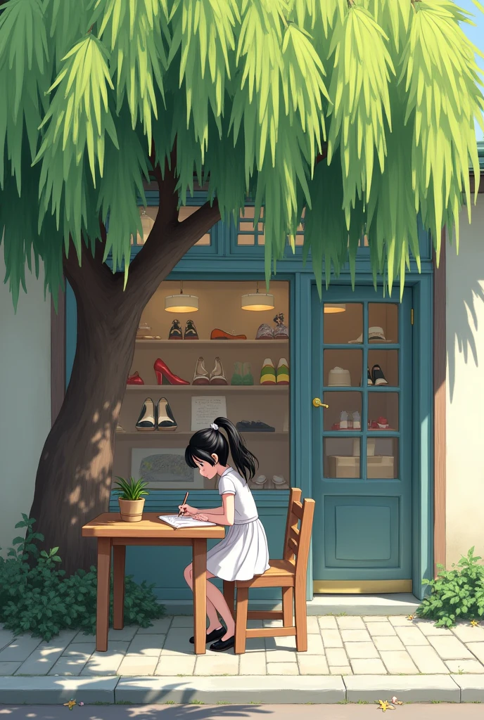 A view from the outside of a shoe shop, a simple table and chair, under a willow tree, a girl sitting on a chair, writing in the office, black ponytail hair, elegant girl,