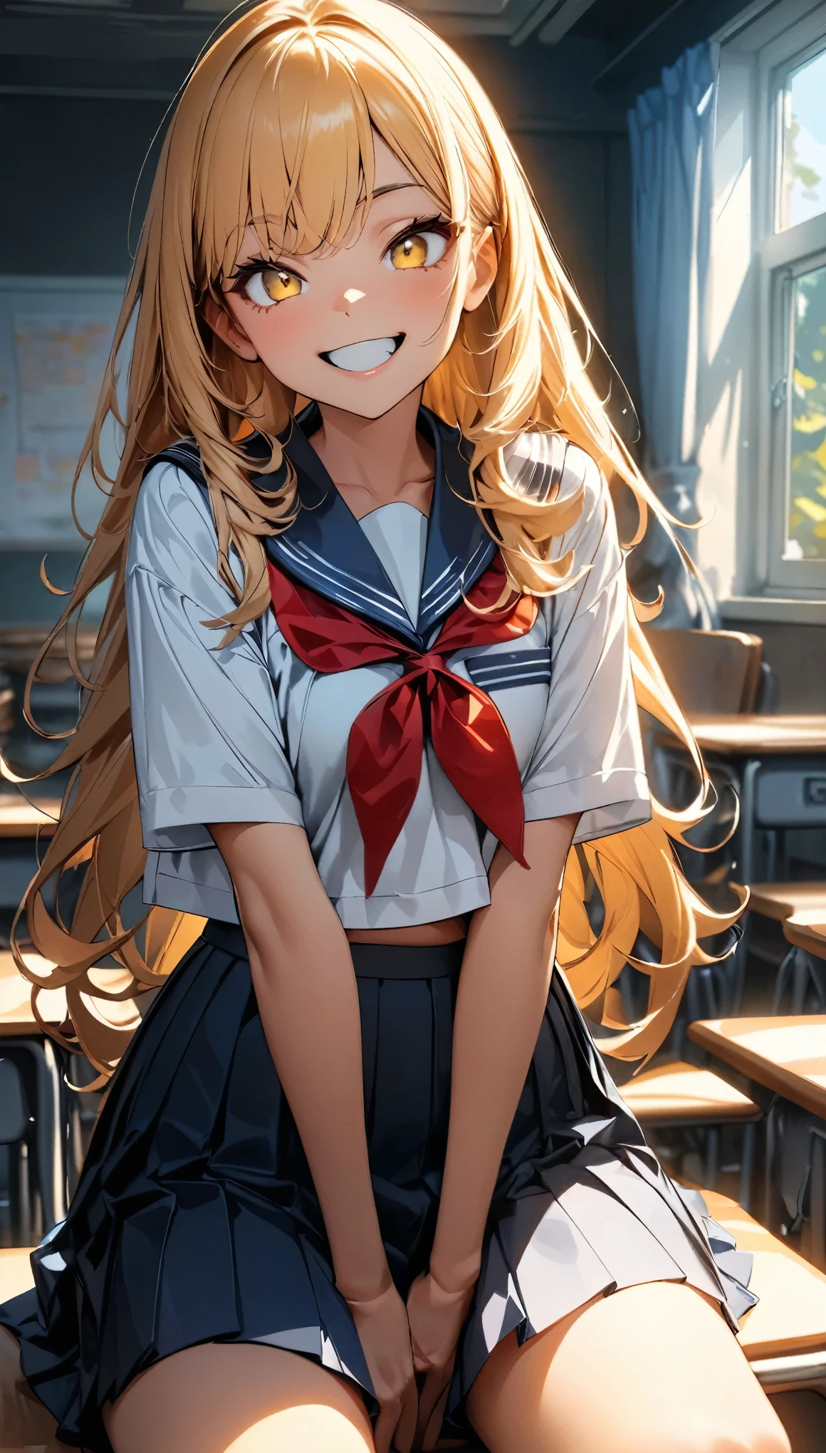 (Highest quality:1.2, Very detailed, up to date, Vibrant, Ultra-high resolution, High Contrast, masterpiece:1.2, Highest quality, Best aesthetics), (((1 person))), Golden Hair Girl, pale golden eyes, crazy smile, Sailor suit, Pleated skirt, Hands behind the body, please sit down, Strike a Pose, photo shoot, School classroom, Sharp focus, Gazing Eyes, Beautiful Skin, Glowing Skin, Perfect Fingers, Five Fingers, Anatomically correct, Background Blur.