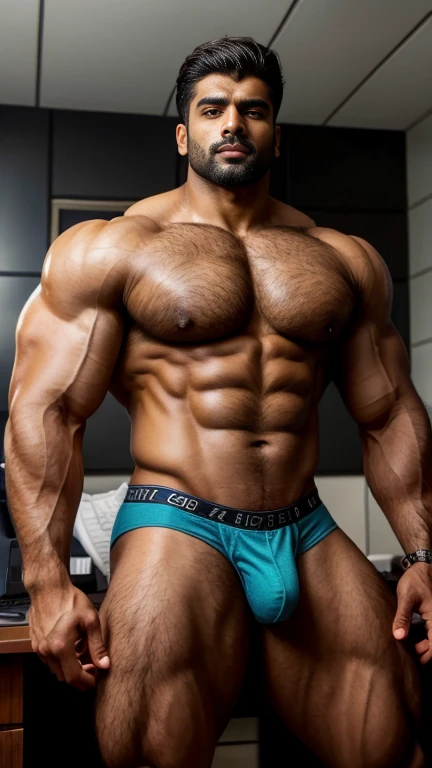 Arjun Desai with huge wide muscular shoulders, wide chest, abs, masculine wide triceps, arms, biceps, big masculine legs, wide thighs, calfs, black-haired, hair falls on your face, Mesmerizing brown eyes, red underwear, gloves in hand, in office, masterpiece, best quality, high resolution, closeup portrait, male focus, half body focus, A indian man, 30 years old, with business suit, formal shoes and socks, brown hair, messy hairstyle, cute and seductive face, big chest, facial hair, roman nose, very skinny body, hairy legs, dimples, beard, bold jawline, his perfect big penis is coming out, masterpiece, below, amazing composition, front view, HDR, ultra quality, elegant, highly detailed, in sunlight