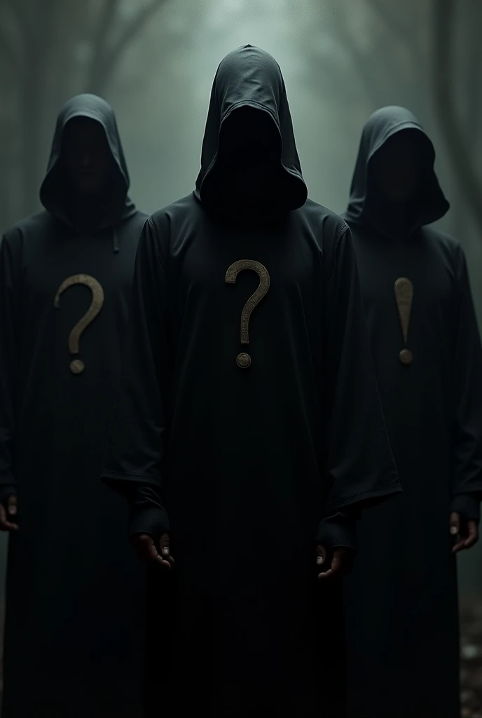 3 men completely dressed in black. The first in the middle with no distinguishing features, the second to his left with a question mark on his chest and the third with an exclamation mark on his chest, The one in the middle also wears a hood