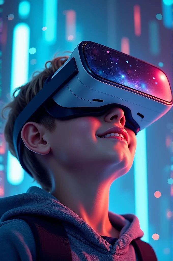 Generate a creative posters of a boy wearing Vr goggles and is immersed in the virtual world experience and add a text below as " VR now available"