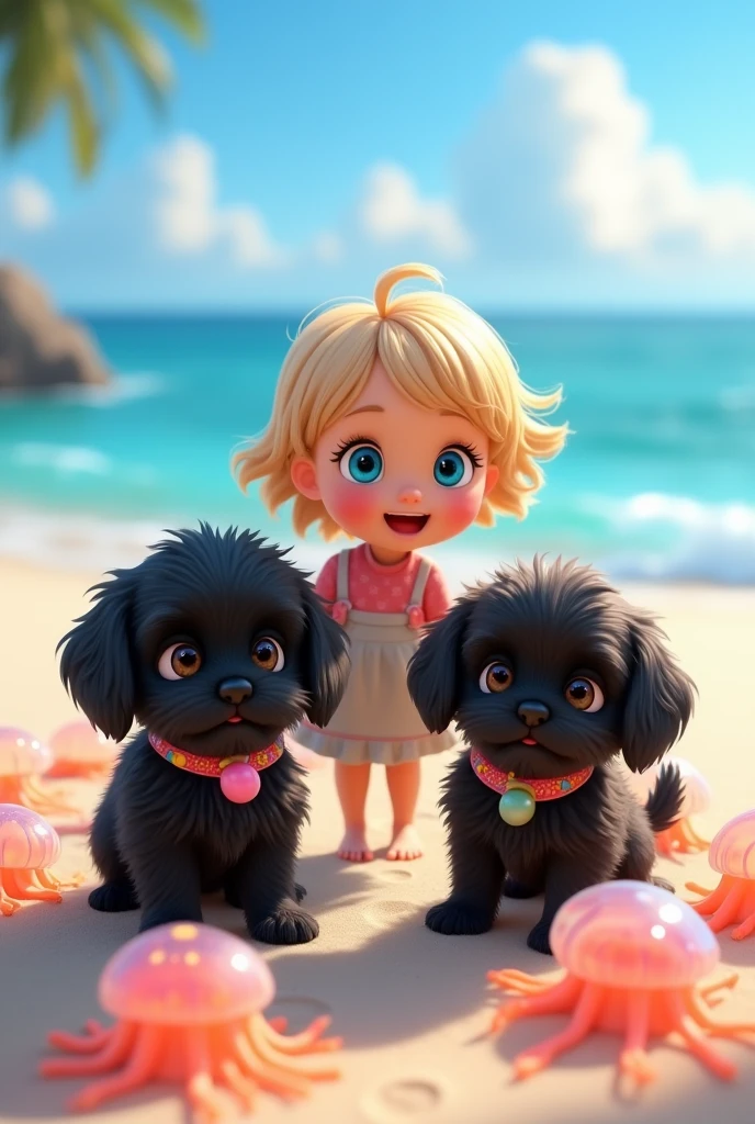 cute adorable 2 black shih tzu puppies, cute blonde girl, extremely detailed, big blue eyes, wearing colorful collar and bandana, playing with jelly fish, 3D Pixar style, at beach, photorealistic, (best quality,8k,highres,masterpiece:1.2),ultra-detailed,(realistic:1.37),HDR,vivid colors,studio lighting