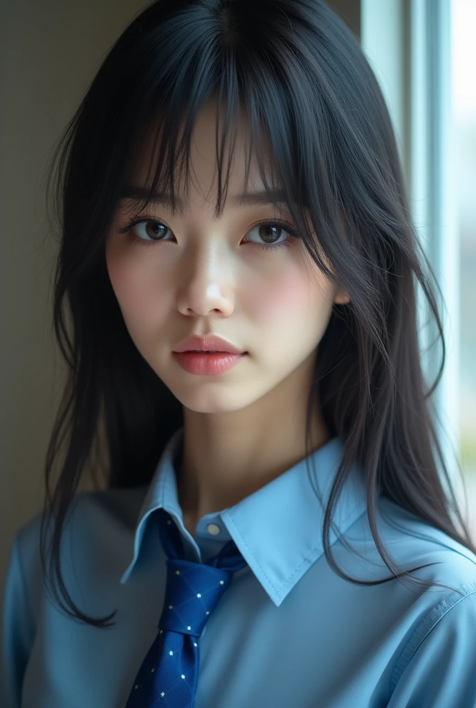 Realistic photo,There is a woman wearing a blue tie and a blue shirt., Chiho, shikamimi, My motto is Teshirogi, Yoshitomo Nara, kimi takemura, Yasumoto Oka, Ishida Sui with black hair, Kotegawa Yui, narumi kakinouchi, Portrait of Mayuri Shiina,Detailed face and body, Natural light, High resolution, photoRealistic, (Highest quality,8k,High resolution,masterpiece:1.2),Very detailed,(Realistic,photoRealistic,photo-Realistic:1.37),Realistic skin texture,Fine eyes and lips,Beautifully detailed face,Long eyelashes,Smooth Skin