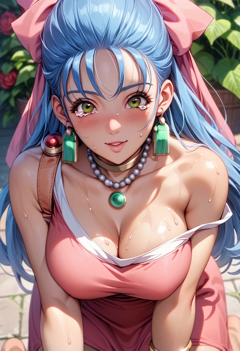 perfection、(sauce_game, Flora from Dragon Quest 5, Light blue hair,Reddish brown eyes, Long Hair, Straight Hair, Large Breasts)、Troubled expression、Professional illustrations、Cinematic lighting、Light and shadow。Detailed face、Detailed eyes。Extremely detailed depiction、(White and pink one-shoulder dress、pink ribbon on the head,、Earrings、Silver Necklace、Silver bracelet、shame、Excessive sweating all over the body、Tears overflowing)、sexy、Browsing Caution、Best Shot、Top view、(On all fours、seiza、Plea)
