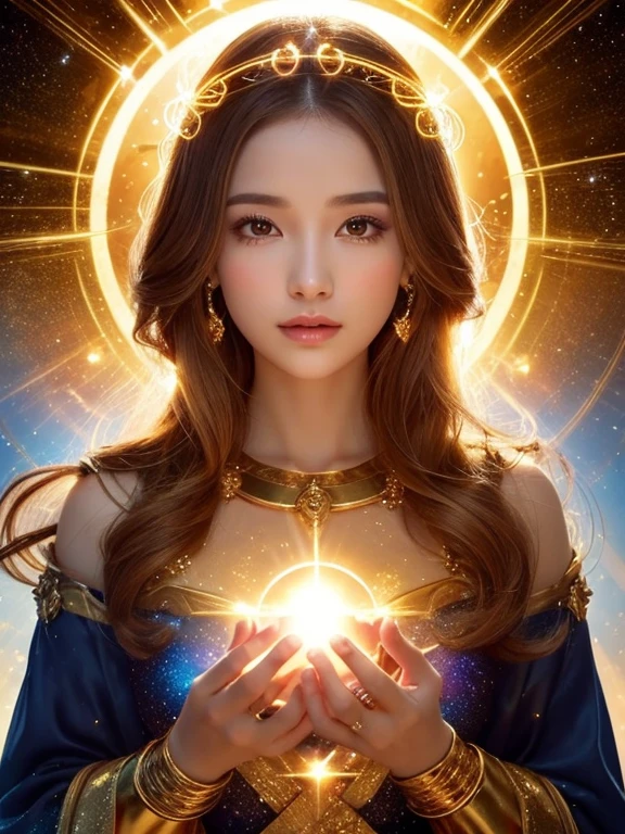 1.Close-up of a woman wearing a golden dress、Front facing、Center the screen、The background is shining with a halo.、Abstract images, Beautiful Celestial Magician, Heavenly Goddess, Golden ethereal light, Fantastic fantasy, Beautiful Fantasy Empress,, Goddess of space and time, Shining golden aura, Goddess of Light, A surprisingly young and mysterious person,Brown hair color
