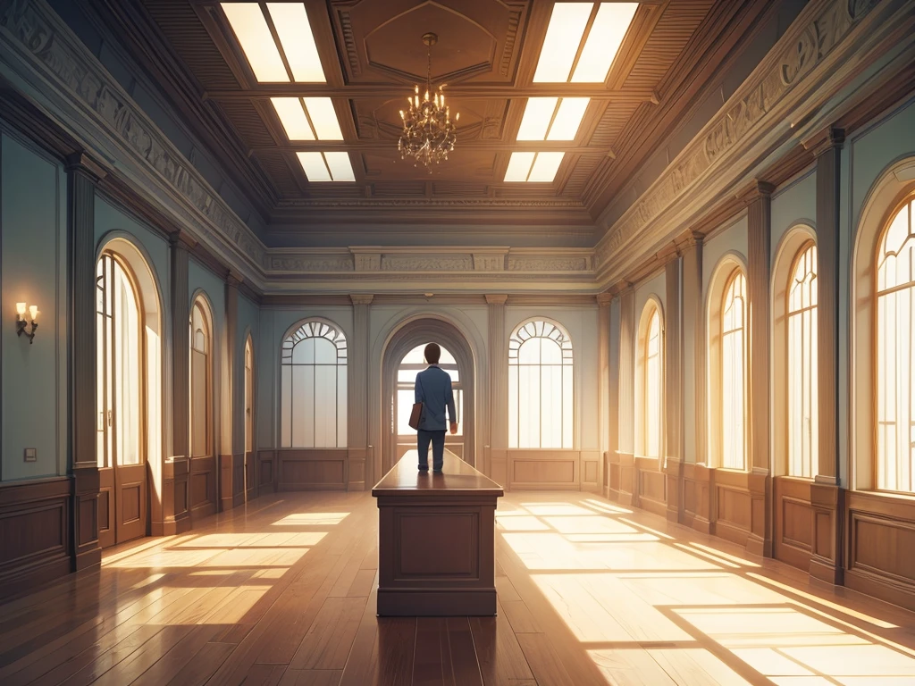 A perspective looking up at the ceiling of a Western-style building、corridor、Anime-style background illustration