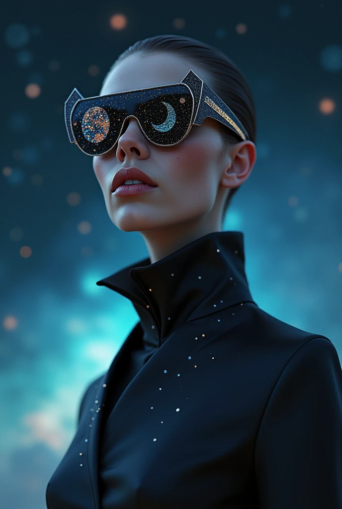 The model is wearing glass sunglasses with stars and the moon on the glass