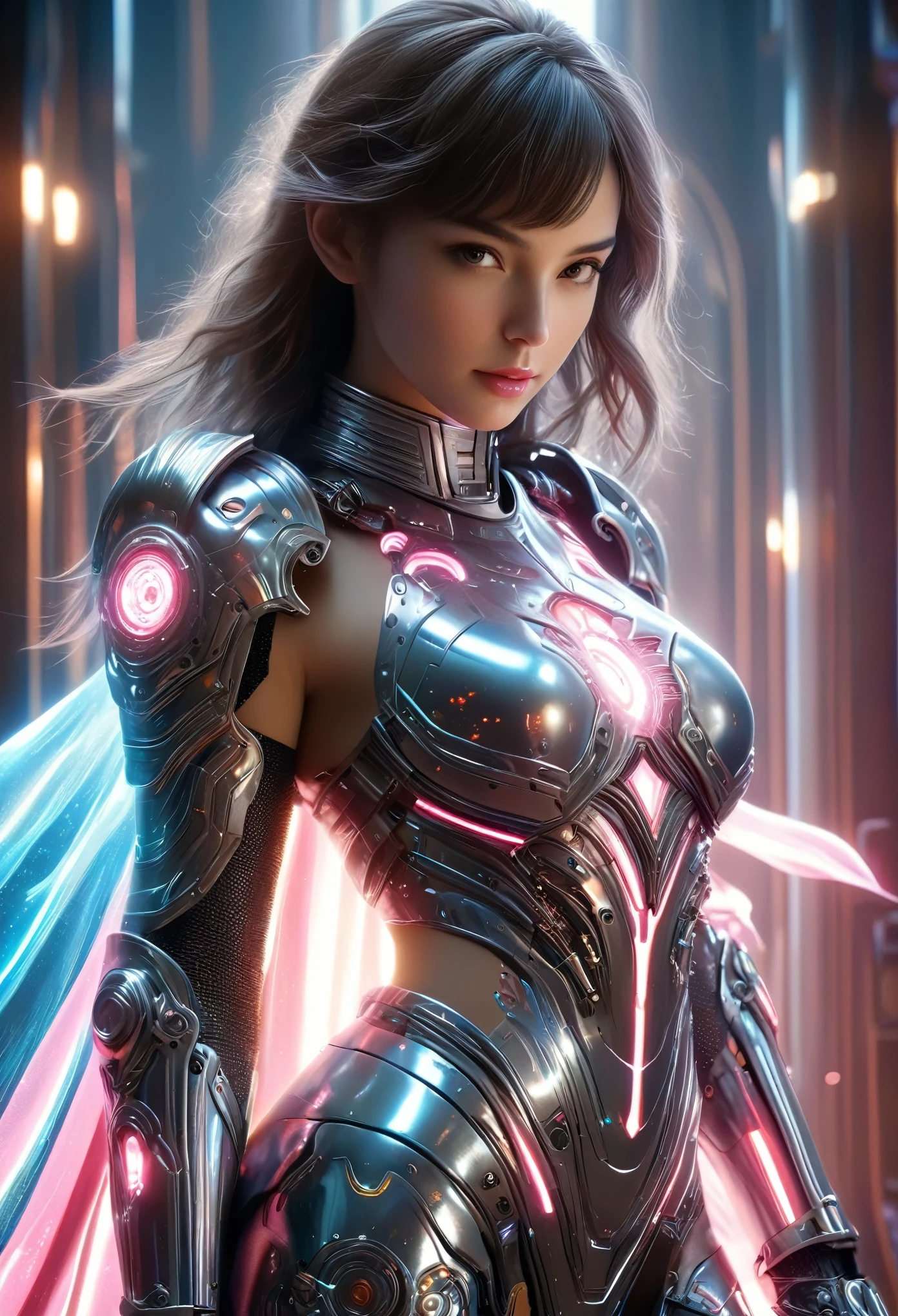 (Best Quality, 4K, 8K, High Resolution, Masterpiece: 1.2), (Super Detailed, Realistic, Photorealistic:1.37), A woman in futuristic clothing, (erotic and sexy:1.4), Trending on cgstation, Trending on cgstation, (Portrait of a girl in the Knights of the Zodiac:1.4), (blunt bangs:1.7), Cute Cyborg Girl, Perfect android girl, Portrait Astronaut Girl, Beautiful girl cyborg, Girl wearing iridescent and pink and white mechanical cyber armor, Game CG, cgsociety and fenghua zhong, Beautiful Cyborg Shrine Maiden, Bioluminescence, (Gal Gadot:0.6), Anatomically correct grip, Anatomically correct four fingers and one thumb, (long claws:1.4), erotic and sexy, A gorgeous cape with beautifully detailed embroidery, energy ball