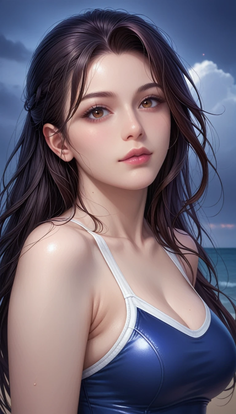 score_9, score_8_superior, score_7_superior, High-resolution CG illustration,A masterpiece in 32K resolution,Highest quality,it is really amazing,Very detailed,Ultra-high resolution,Ultra-realistic,Realistic,Increased depth of field,Cinematic lighting,
Sexy mature Japan woman,
Straight long hair with black hair,Ultra-detailed and beautiful face,Calm and gentle look,Beautiful brown eyes,Translucent white skin,Realistic skin texture,Great proportions,
Sexy high leg swimsuit,
Artistic design,Chic color scheme,Detailed fabric texture,
Dark overcast sky on a dull night,Dark clouds filling the sky,Thundercloud,Coastline at night,Stormy seas,delay々A desolate sandy beach that continues,
Beautiful bust up,Cinematic Angle,