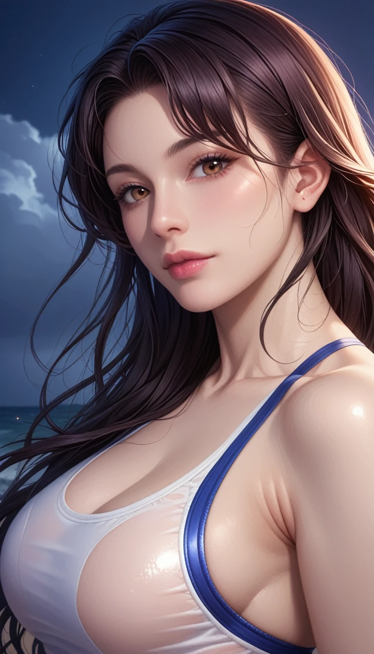 score_9, score_8_superior, score_7_superior, High-resolution CG illustration,A masterpiece in 32K resolution,Highest quality,it is really amazing,Very detailed,Ultra-high resolution,Ultra-realistic,Realistic,Increased depth of field,Cinematic lighting,
Sexy mature Japan woman,
Straight long hair with black hair,Ultra-detailed and beautiful face,Calm and gentle look,Beautiful brown eyes,Translucent white skin,Realistic skin texture,Great proportions,
Sexy high leg swimsuit,
Artistic design,Chic color scheme,Detailed fabric texture,
Dark overcast sky on a dull night,Dark clouds filling the sky,Thundercloud,Coastline at night,Stormy seas,delay々A desolate sandy beach that continues,
Beautiful bust up,Cinematic Angle,