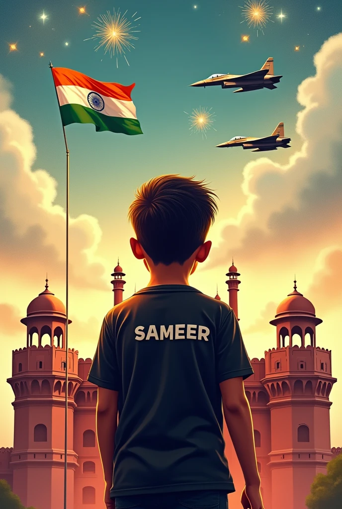 A boy wearing black half shirt and on it SAMEER name is written in bold medium letter and he is standing at esse position looking at tricolour and in his background there is Red fort on which the indian tricolour medium size is located. On red fort there is two fighters rafel that are flying over him. Whole sky is coloured with 12 star crackers shots 