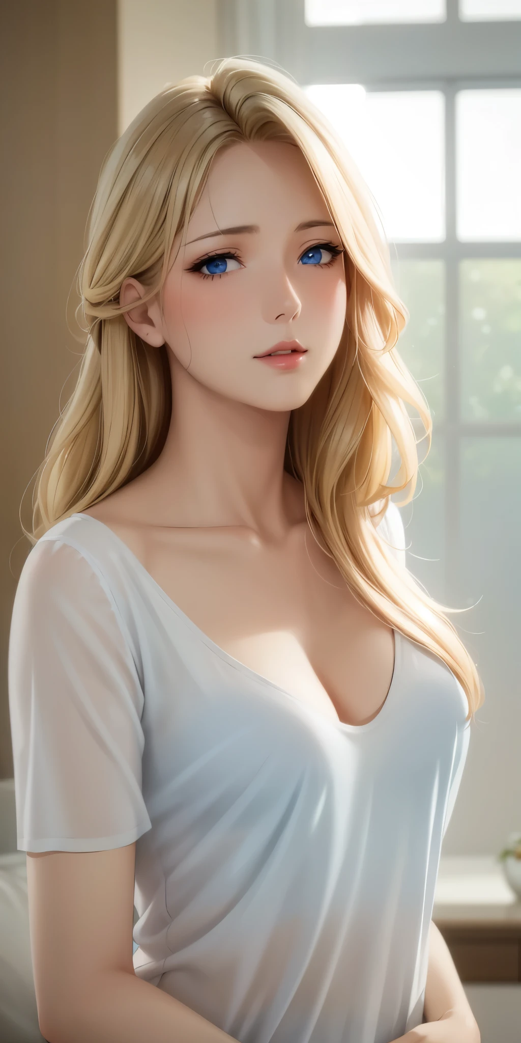 Elegant adult female, blonde hair, blue eyes, soft light, high quality, high detailed, 4k resolution, beautiful cg
