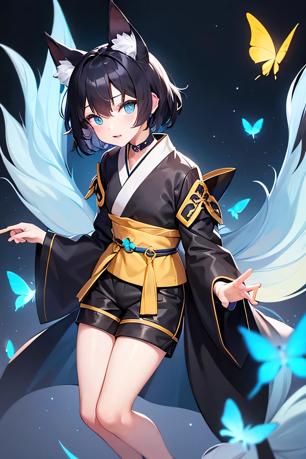 1 person,Black Hair,Appearance like a boy,Fox ears,kimono,Shorts,Unknown gender,Azure blue eyes,Slightly tanned skin,Blue butterfly motif