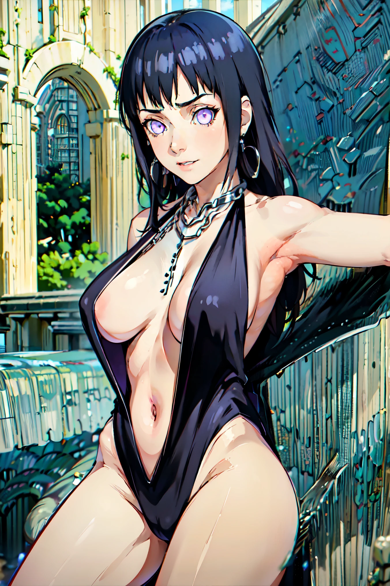 masterpiece,stunning realistic,best quality,sharpness,sharp face,smil,Photo of the fully body
black long hair,purple eyes,big ,tanktop,breast,Side breasts,cargopants with many pockets,open bellybuttons,opened up lags,black cloak,silver necklace,silver chain,black gloves