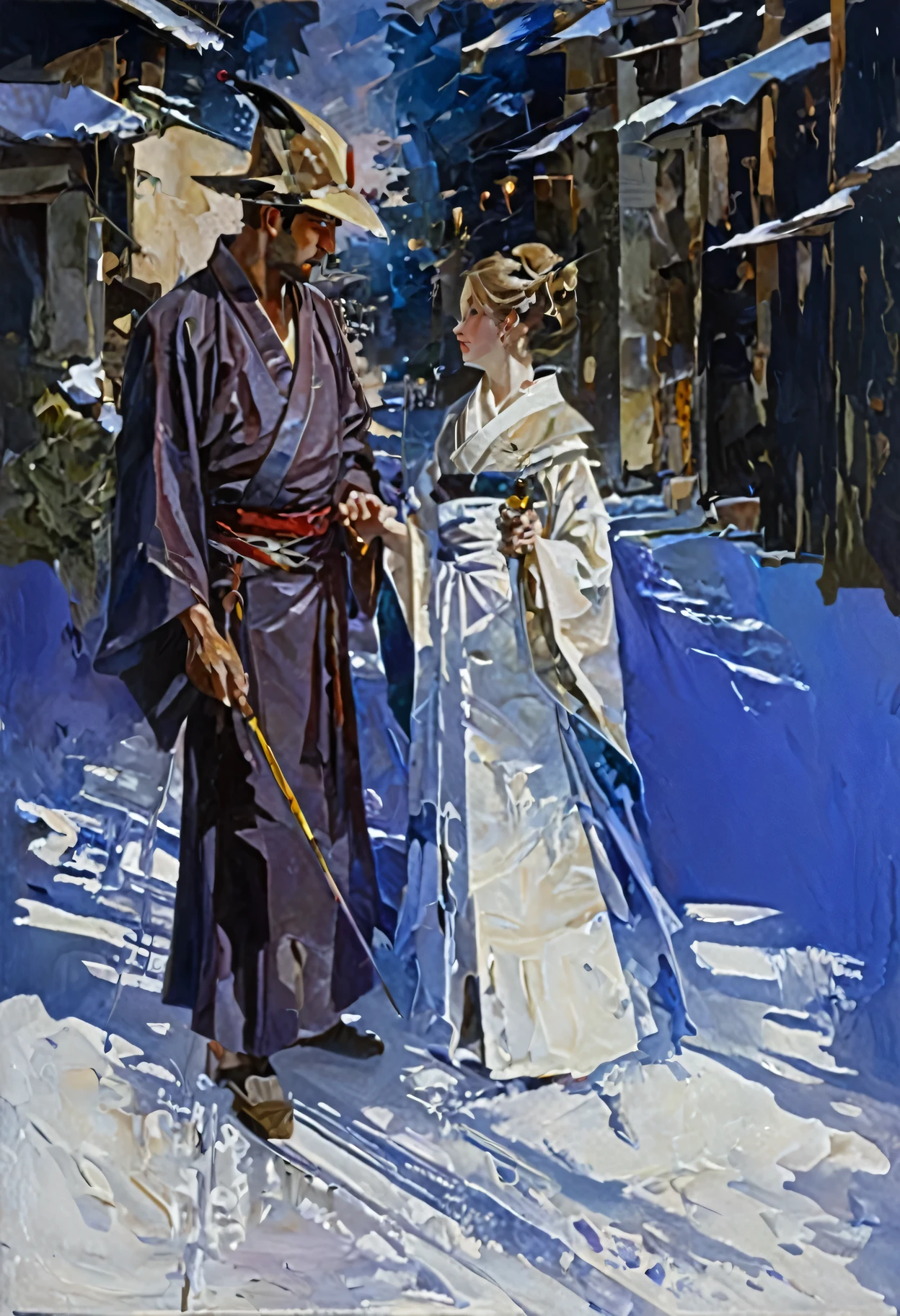 A painting of a young man stranded in a snowy mountain who encounters a beautiful, pale-faced female demon wearing a white kimono in the middle of a raging snowstorm.、A painting of a female demon instructing a young man on the right path、darkness、The color of the night sky in a raging snowstorm、Low light、snow、A beautiful female demon appears in the snowstorm and kills people who get lost.、intricate and intense Oil paints, Abstract Painting, intricate Oil paintsing artwork, Vadim Kashin、Realistic, gives the viewer a detailed impact, a portrait painted with oil paint, , intricate and wet Oil paints, Oil paints, New art beyond dimensions, ryan hewett、bichu、oil paintin、A three-dimensional painting、super masterpiece、Ultra high definition、vivid colors、